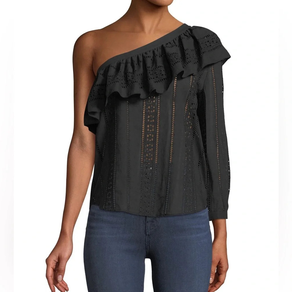 Veronica Beard Cruz Eyelet Top One Shoulder Ruffle Shirt Size 6 Casual